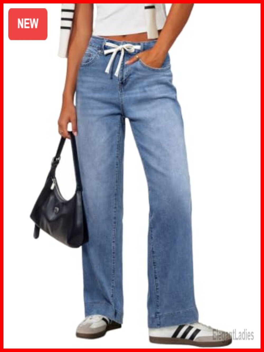 Women's High Waisted Wide Leg Jeans Cotton Stretch Drawstring Denim Pants